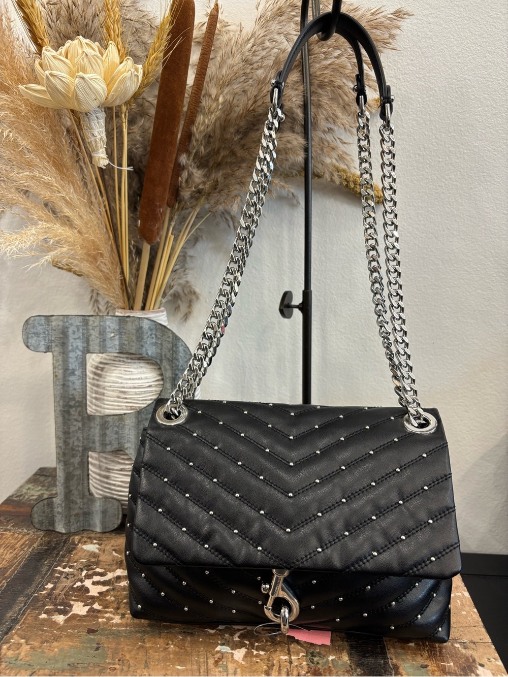 Rebecca Minkoff Black Quilted Shoulder Bag with Silver Chain